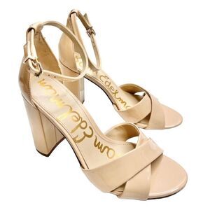 Sam Edelman Sandals Womens Size 9.5 Nude Faux Leather Ankle Strap Block Heel